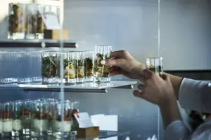 eine Service-Mitarbeiterin stellt Gläser auf ein Glasregal im Festspielhaus Bregenz © Anja Koehler