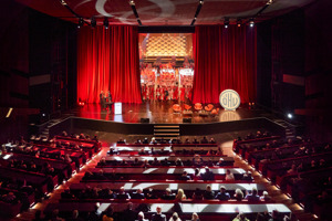 Der rote Vorhang zur festlich eingerichteten Hauptbühne im Festspielhaus Bregenz öffnet sich 