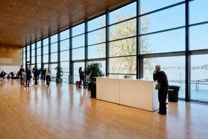 Kongressteilnehmer:innen unterhalten sich vor der großen Glasfront mit Seefoyer mit Blick auf den Bodensee