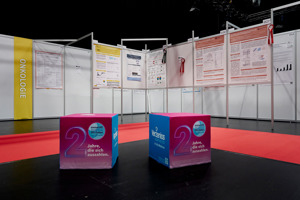 Posterausstellung, im Vordergrund zwei große pink blaue Würfel