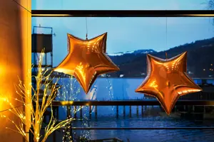 goldene Luftballon-Sterne vor der Fensterfront des Seefoyers mit Blick auf den Bodensee © Anja Koehler